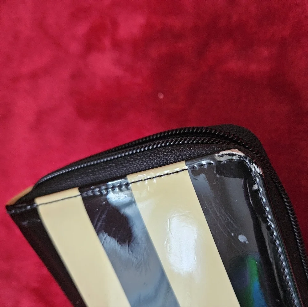 Kate Spade Black and Cream Striped Patent Leather Wallet
